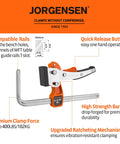 Jorgensen Six And Five Eighths Inch Ratcheting Track Saw Clamps, guide rail set with quick release for MFT tables, 400 lb capacity