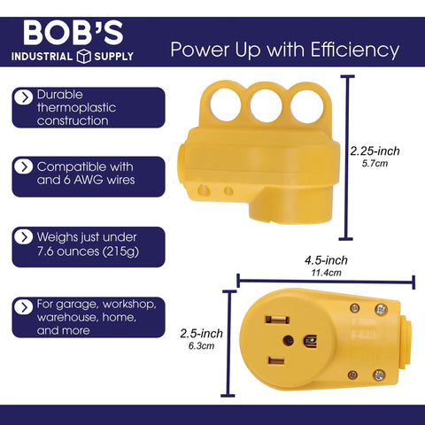 Power Plug 50 Amp 250 Volt Wall Outlet Extender Female Electrical Adapter with dimensions and features displayed