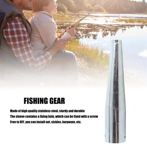 Stainless Steel Spear Tip Connector With 8mm Thread And 3cm Socket For DIY Spear Rig Setup Fishing Tool Gear shown next to lake.