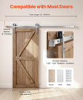 Six Foot Brushed Nickel Sliding Barn Door Hardware Kit For 36 Inch Wide Door, 330 Lb Weight Capacity, shown on wood door