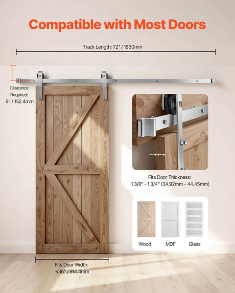 Six Foot Brushed Nickel Sliding Barn Door Hardware Kit For 36 Inch Wide Door, 330 Lb Weight Capacity, shown on wood door