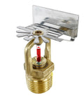 Close-up of Quick Acting Solid Brass Sidewall Sprinkler Head with quick reaction valve and thermal bulb for fire safety.