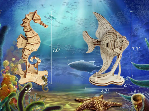 Six Piece 3D Wooden Sea Animals Puzzle Set For Adults And Teens Totally Eco Friendly 3mm Wood Brain Teaser And STEM Gift Build Hands On Fun With Dolphins Whales Turtles Sharks Seahorses And More At Home. 3D wooden seahorse and fish puzzle models with sizes shown