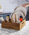 Acacia Wood Utensil Holder And Plate Organizer For Parties Six Compartment Silverware Caddy For Plates Cups Forks Spoons Napkins
