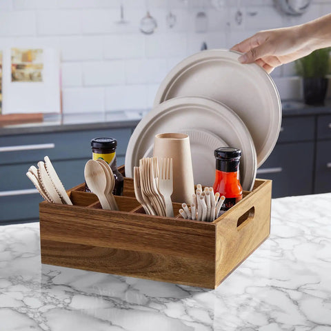 Acacia Wood Utensil Holder And Plate Organizer For Parties Six Compartment Silverware Caddy For Plates Cups Forks Spoons Napkins