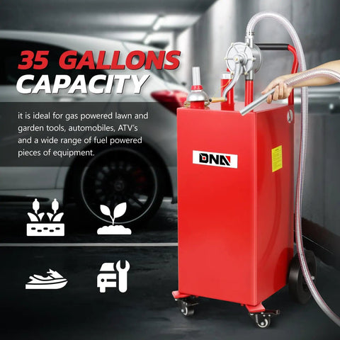 Big 35 Gallon Gas Caddy With Wheels, Heavy Duty Fuel Tank For Cars, Lawn Mowers, ATVs And Boats, Two Way Rotary Hand Pump
