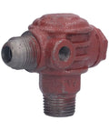 Close-up of a cast iron piston type one way and three way check valve for air compressors, highlighting threads and structure.