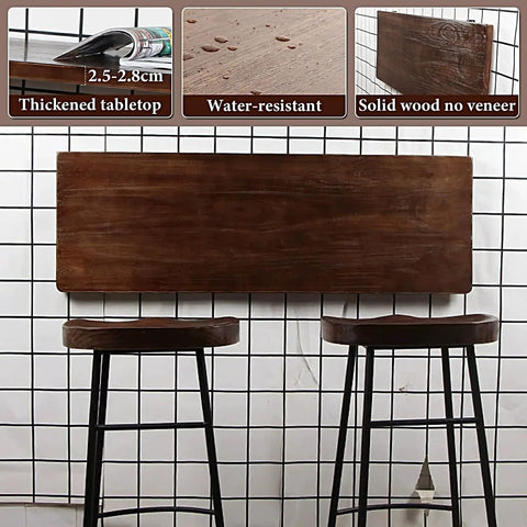 Folding Wall Desk With Solid Wood Board And Two Iron Brackets, 2.8cm Thick, Your Go-To Space Saver For Home Office Or Cafe, Up To 40kg, 120x35cm 47.2x13.8in, Easy Drop Down Design displayed with two stools against a tiled wall.