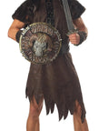 Barbarian Combat Shield and Sword Set For Cosplay And Halloween, Round Ram Shield With Embossed Front, warrior holding accessories.
