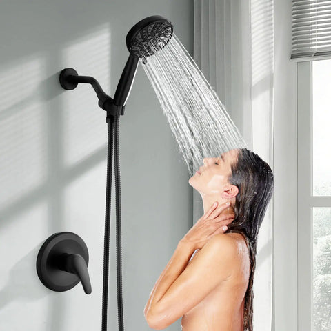 Heavy Duty Matte Black Shower Faucet Set With Integrated Pressure Balance Valve And Versatile Six Setting Handheld Sprayer Smooth Hookup For Major Home Refresh