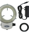 Pro Grade 144 LED Ring Light Illuminator For Stereo Microscope With Adjustable Brightness From 0 To 100 Percent, Shadow Free Illumination, UL Certified, 12 Volt Output, 100 To 240 Volt AC Input, US Plug, One Year Warranty, Great For Precision Imaging. 144-LED ring light with adapter and mounting ring