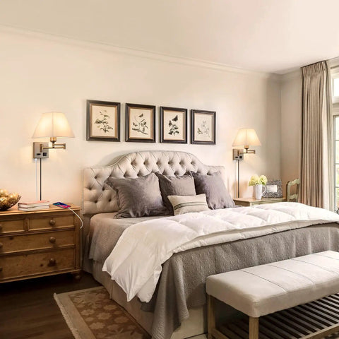 Bedroom with Swing Arm Wall Light With USB Port And Outlet, Plug In Wall Sconce In Nickel Finish, White Fabric Shade
