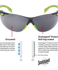 Solus 1000 Safety Glasses With Scotchgard Anti Fog Coating Gray Lenses Green Black Frame UV Protection