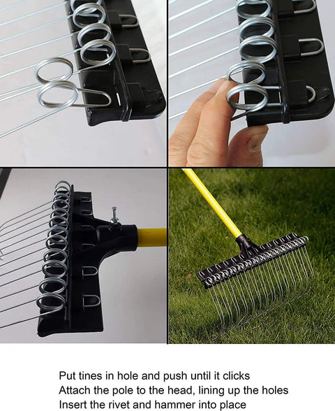 Heavy-Duty 55-Inch Fiberglass Rake With A 21-Inch Steel Tined Head assembly and use instructions on grass