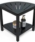 Bamboo Corner Shower Stool Bench Waterproof With Storage Shelf For Bathroom And Inside Shower Perfect Seat For Shaving Legs Easy To Clean Non Slip Black with accessories.