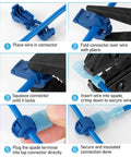 Blue T-Tap wire connector set (120 pcs) with storage case; step-by-step installation shown