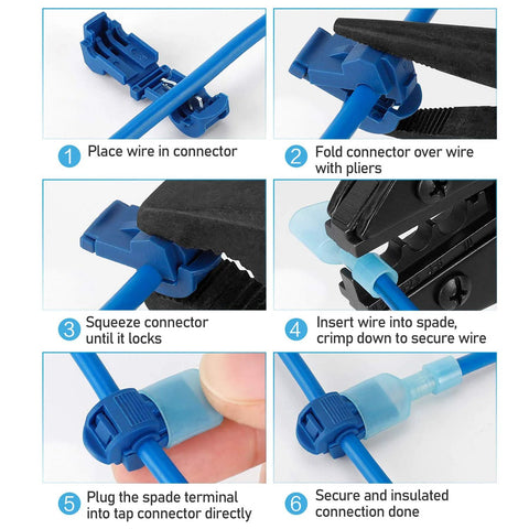 Blue T-Tap wire connector set (120 pcs) with storage case; step-by-step installation shown
