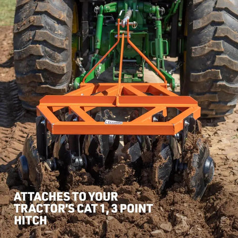 3 Point 4 Ft Notched Disc Harrow Plow Attachment for Cat 1 Tractors with 16 Inch Discs attached to tractor hitch