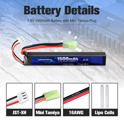 Go-To Airsoft LiPo Battery 7.4V 1500mAh 35C High Discharge Mini Tamiya Plug Rechargeable Pack details shown