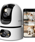 2.5K Indoor WiFi Security Camera For Home With 360 Degree View AI Human Detection next to smartphone display