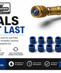Blue HNBR One Quarter Inch HVAC Hose Seals For Manifold Gauge Sets, Refrigerant And Oil Resistant, Durable High Temp Seals, Leak Proof, Easy Fit Upgrade, 10 Pack, blue seals beside HVAC hose