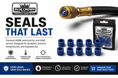 Blue HNBR One Quarter Inch HVAC Hose Seals For Manifold Gauge Sets, Refrigerant And Oil Resistant, Durable High Temp Seals, Leak Proof, Easy Fit Upgrade, 10 Pack, blue seals beside HVAC hose