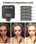 VL49 2000mAh LED Video Light With 3 Cold Shoe Mounts brightness levels with model showcasing different lighting effects.