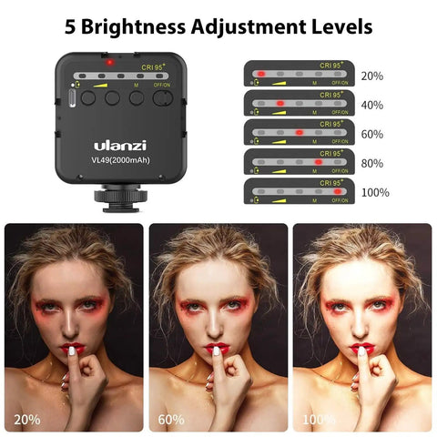 VL49 2000mAh LED Video Light With 3 Cold Shoe Mounts brightness levels with model showcasing different lighting effects.