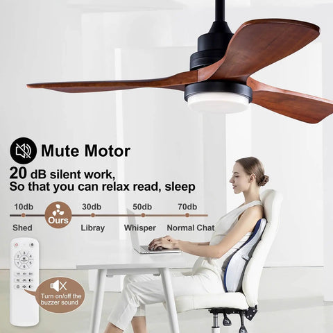 Lit 42 Inch Black Ceiling Fan With Remote And Lights Dimmable LED Quiet Reversible DC Motor Memory Function Modern Solid Wood Blades In Office
