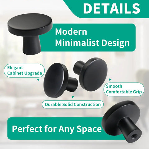 Matte Black Cabinet Knobs Set Ten Pack One And A Quarter Inch Round Solid Zinc Alloy Drawer Pulls For Kitchen Cabinets Bathrooms Vanities Dressers Cupboards Hardware details with modern design and smooth grip