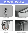 Product details of Beefy Metal Garage Storage Cabinet On Wheels With Lockable Drawer And Shelves, close-ups of lock, handle, wheel, and shelf.