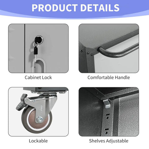 Product details of Beefy Metal Garage Storage Cabinet On Wheels With Lockable Drawer And Shelves, close-ups of lock, handle, wheel, and shelf.