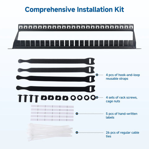Beefy 1U 24 Port Cat6 Ethernet Patch Panel With Inline Keystone And Cable Management Bar installation kit contents