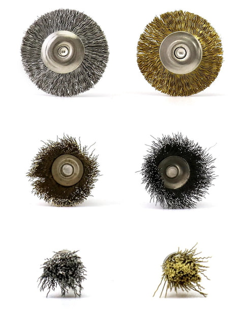 QWORK six brass and stainless steel wire brush wheels for rotary tools; polishing and deburring (Amazon).