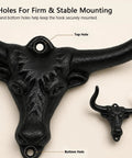 Built Tough 4 Pack Western Bull Horn Hat Hooks In Matte Black Cast Iron Wall Rack showing top and bottom mounting holes.