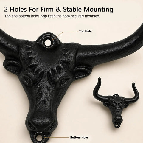 Built Tough 4 Pack Western Bull Horn Hat Hooks In Matte Black Cast Iron Wall Rack showing top and bottom mounting holes.