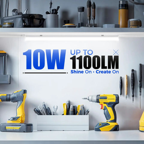 Workshop with LED Shop Light 2Ft 6500K Super Bright White above workbench, tools beneath illuminated ceiling light, 10W 1100LM label