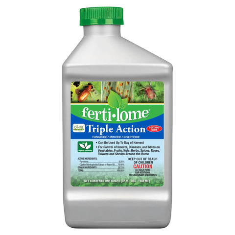 Triple Action Plant Defense Spray 32 Oz All In One Insecticide Miticide Fungicide bottle with colorful label on white background.