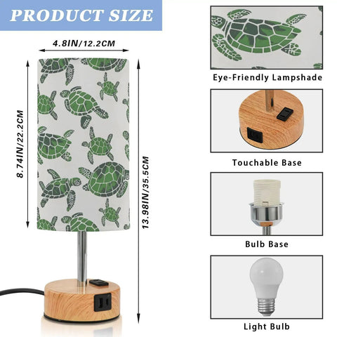 Green Watercolor Turtle Decor Bedside Table Lamp With 3 Way Dimming Touch Built In Charging Station For Nightstand Or Desk USB C Port USB Port 2 Pin Outlet LED Bulb Included, showing lampshade and base details.
