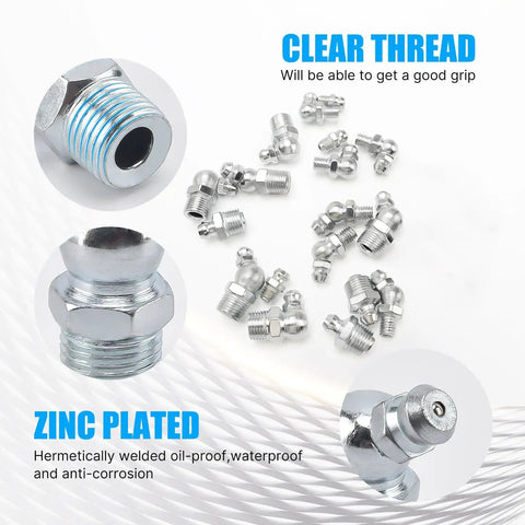 220 Piece Grease Fitting Kit For Metric And SAE Zerk Fittings with zinc plated fittings and clear thread details.