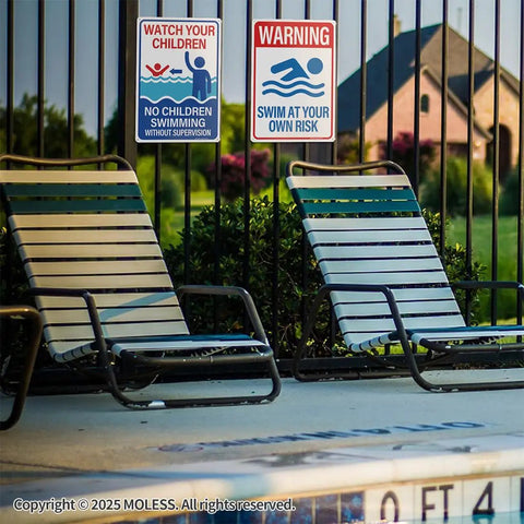 Two Pack Pool Safety Signs Bundle 14x10 Outdoor Pool Signs Stay Safe By The Pool Watch Your Kids Swim At Your Own Risk Weatherproof 0.040 Aluminum Easy To Mount Durable For Backyard Pools PSP-2403 installed on fence