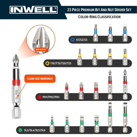 23 piece premium bit and nut driver set with color-ring classification, showing anti-slip tip and clear size markings.