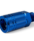 Close-up of blue aluminum 1/4 inch coupler for Workhorse Aluminum 3 Way Air Manifold And Splitter With Four Ports For Pneumatic Tools.