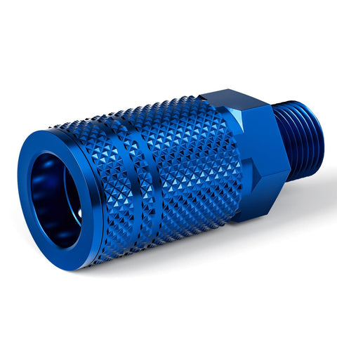 Close-up of blue aluminum 1/4 inch coupler for Workhorse Aluminum 3 Way Air Manifold And Splitter With Four Ports For Pneumatic Tools.