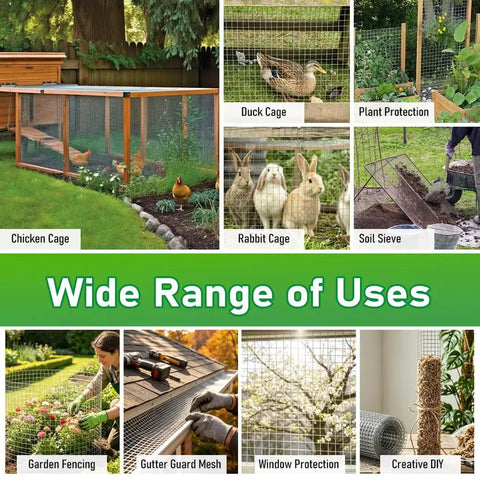 Heckuva Sturdy Galvanized Hardware Cloth 8 X 10 Feet 1/4 Inch Mesh 23 Gauge Welded Steel Fencing Roll used in various animal enclosures and garden protection.