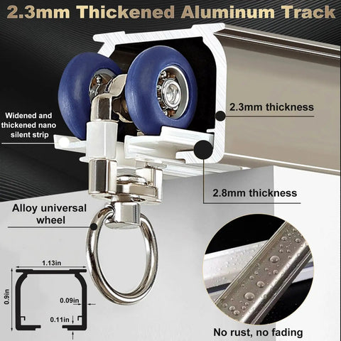 Heavy Duty Aluminum Curtain Track System For Windows And Rooms, Wall Mounted Silent Sliding Rail For Drapes, Room Dividers, Living Room And Bedroom, 9.5ft White, Easy Install And Strong Support. Close-up of 2.3mm thick aluminum track wheel bracket