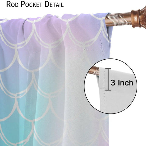 Mermaid Blackout Curtains For Girls Bedroom With Ocean Wave And Fish Scale Pattern, Blue And Pink, 3 inch rod pocket detail