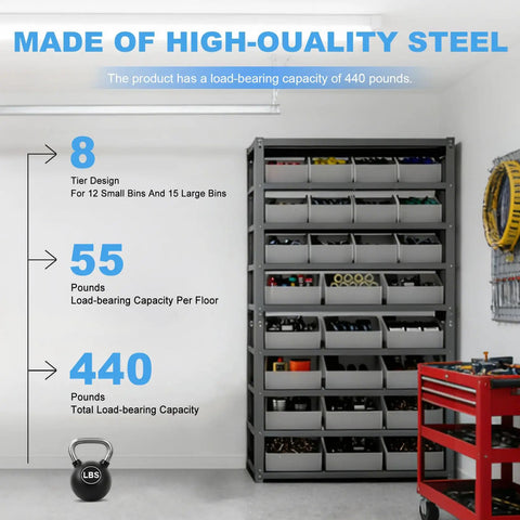 Heavy Duty Steel Organizer Bin Rack Eight Tier With 27 Bins For Tools Office Supplies Garage Warehouse Workshop Storage Built To Last Frame Easy Assembly Adjustable Vertical Storage, gray steel rack in workshop