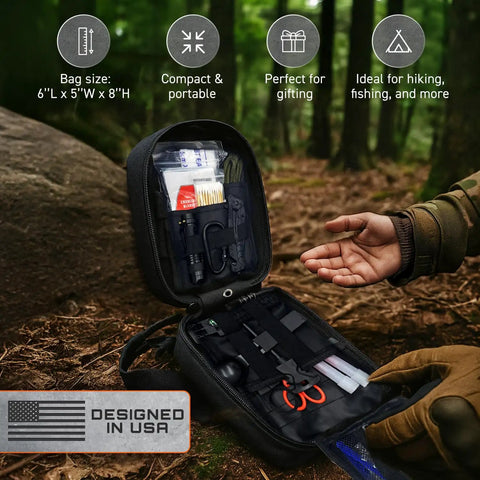 All-In-One 175-Piece Survival Kit With First Aid for Outdoor Adventures and Emergencies displayed in open MOLLE-compatible bag
