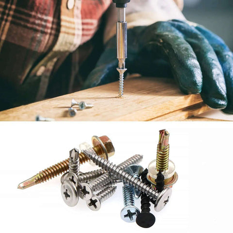 All Purpose Self Drilling And Self Tapping Screws Kit For Drywall Metal And Wood Zinc Plated Assortment in use and assorted screws shown